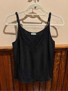 Free People Black Lace-Trim Silk Camisole